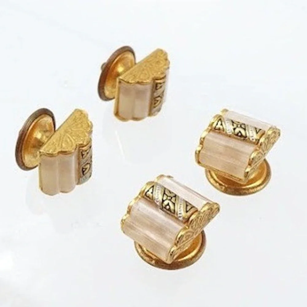 Vintage Art Deco Double Sided Cufflinks Ribbed Lucite Gold Tone Pair